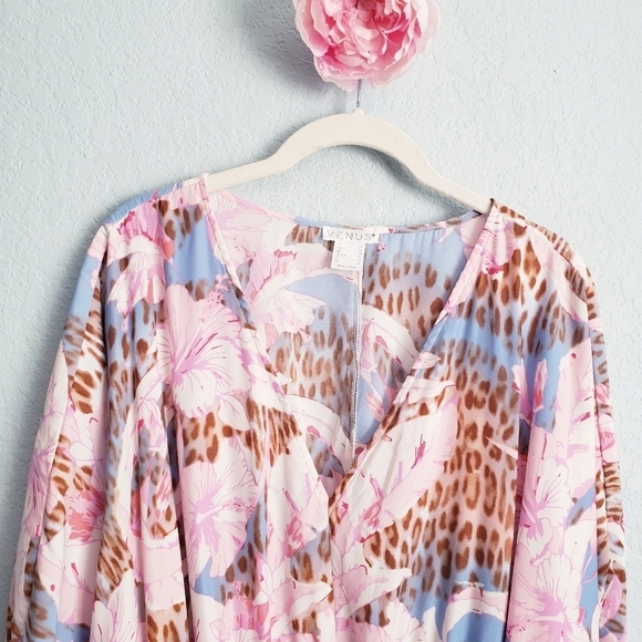 Venus Pink And Blue Floral Leopard Print Long Sleeve Belted Dress - Picture 8 of 10